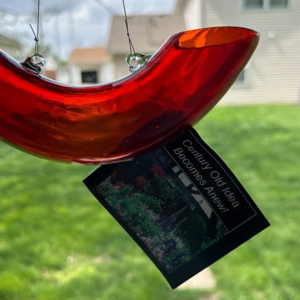 Handmade Red Glass Hummingbird Bird Feeder Original Unique Shape Round Tube